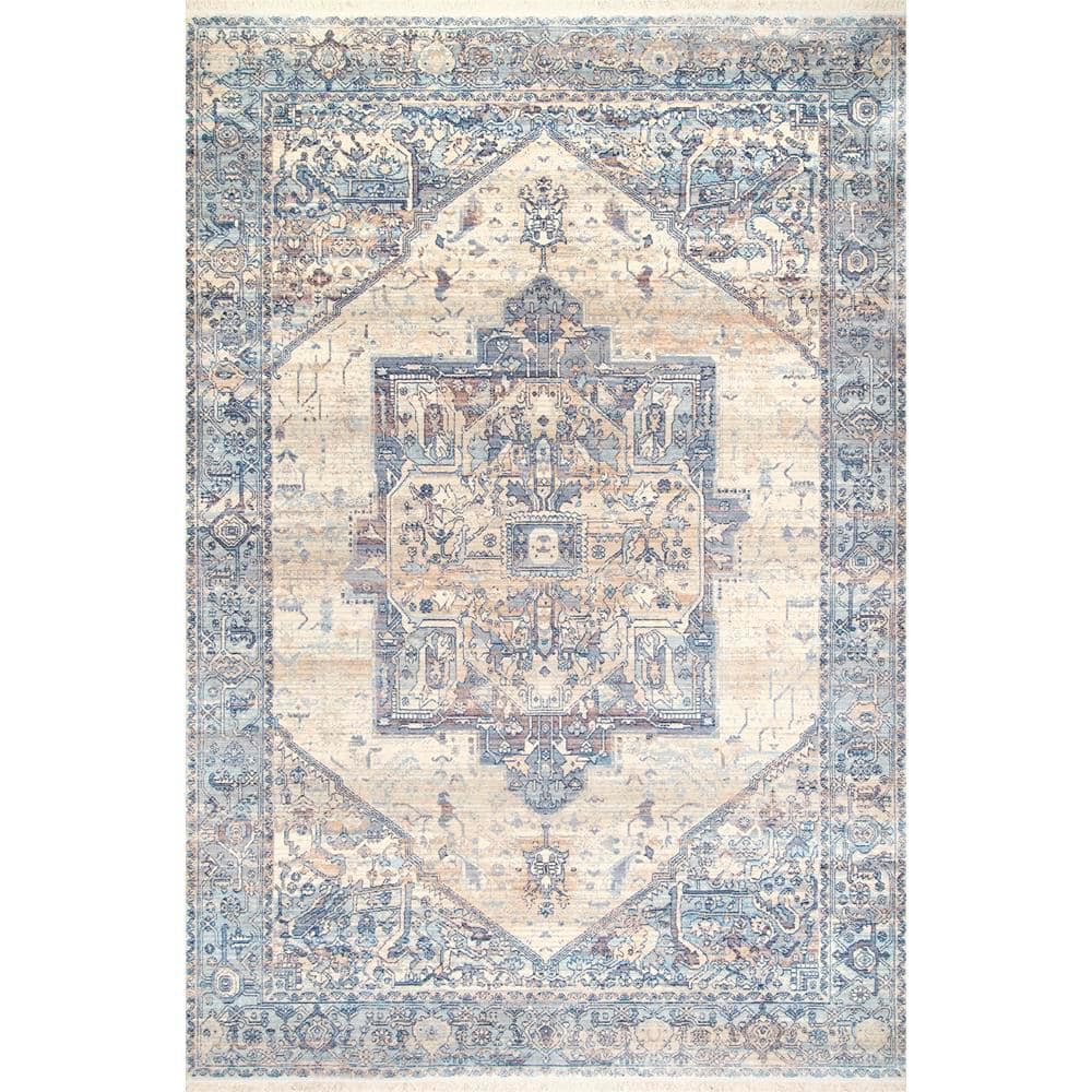 Light Blue Vintage Medallion Synthetic Area Rug with Fringe, 4' x 6'