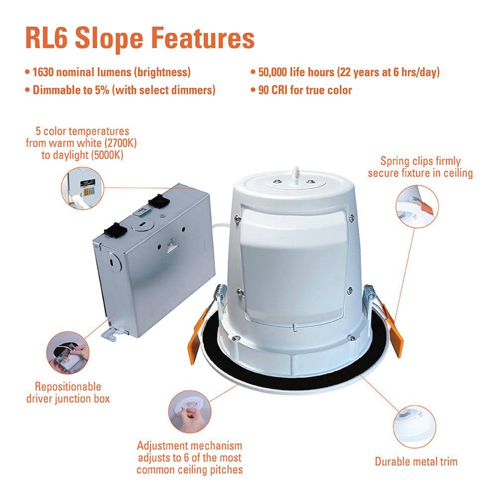 6-Inch White Aluminum LED Recessed Light for Sloped Ceilings