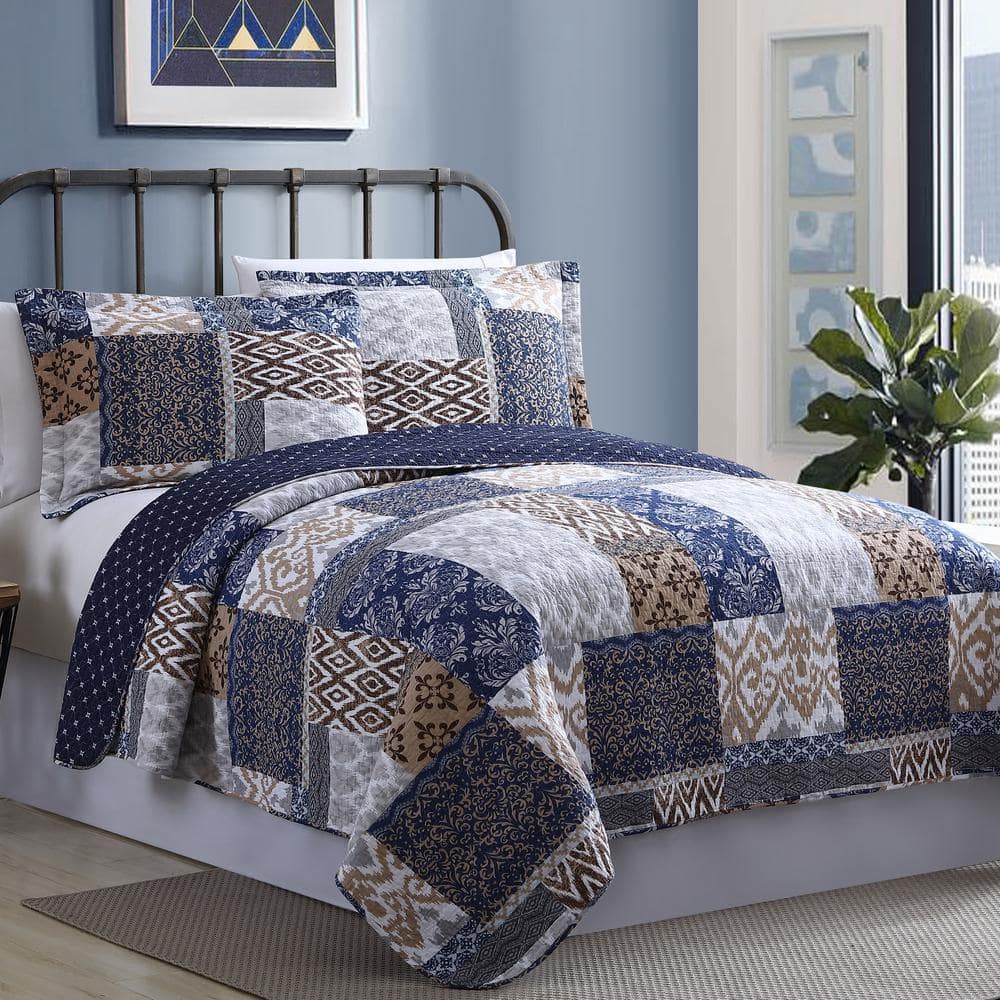 Laura Twin Blue Cotton Reversible Quilt Set