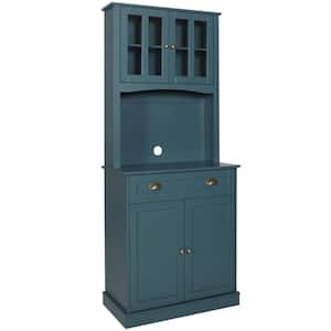 Teal Blue Wood 29.9 in. W Kitchen Pantry Storage Cabinet Hutch w/ Adjustable Shelves,Buffet Cupboard and Microwave Stand