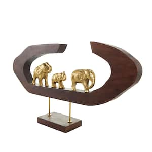 Gold Aluminum Metal Elephant Sculpture with Wooden Ring Frame