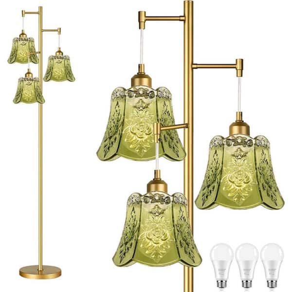69-in Green Bohemian Three-Light Tree-shaped Floor Lamp for Living Room with Floral Glass Shade and Iron Base