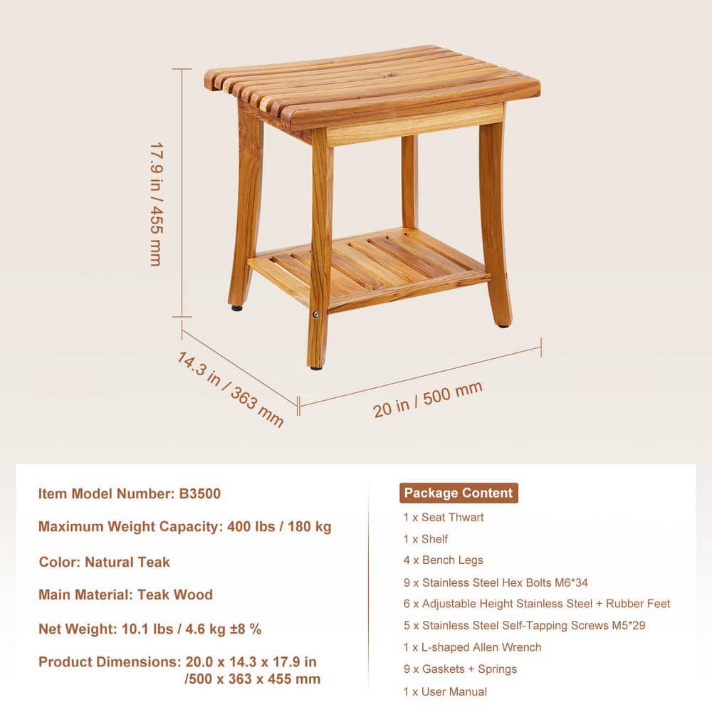 Teak Wood Shower Bench with Storage Shelf and Non-Slip Pads