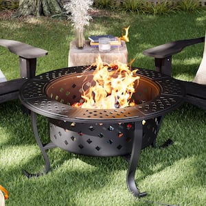 36 in. Outdoor Wood Burning Fire Pit with 2 Grills and Removable Lid, Large Barbecue Table for Camping and Picnics