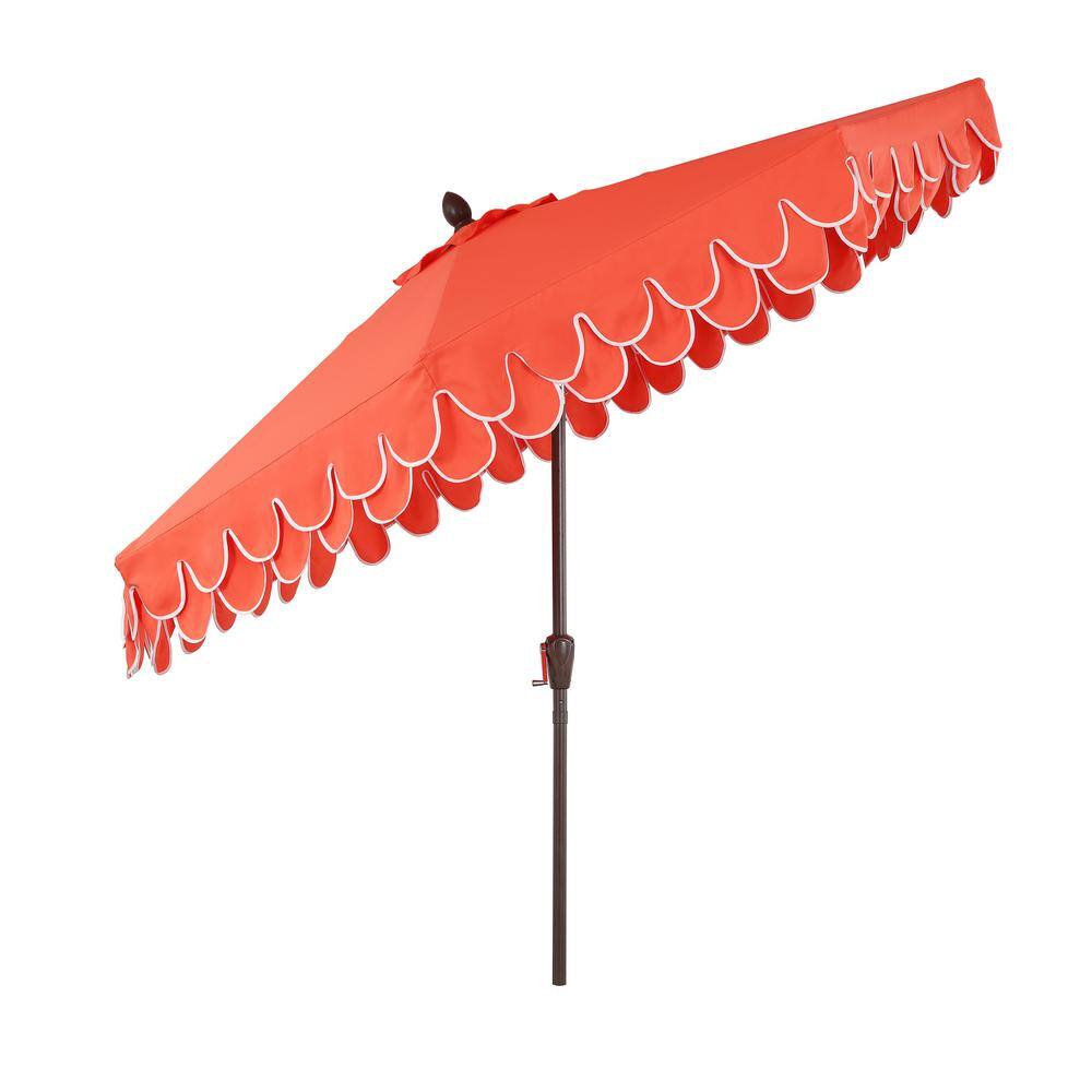 Coral Red 9 ft. Scalloped Fringe Patio Umbrella with Auto-Tilt