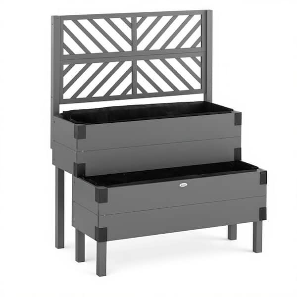 2-Tier Gray Wooden Raised Garden Bed with Trellis and Metal Reinforcements for Vegetables/Flowers
