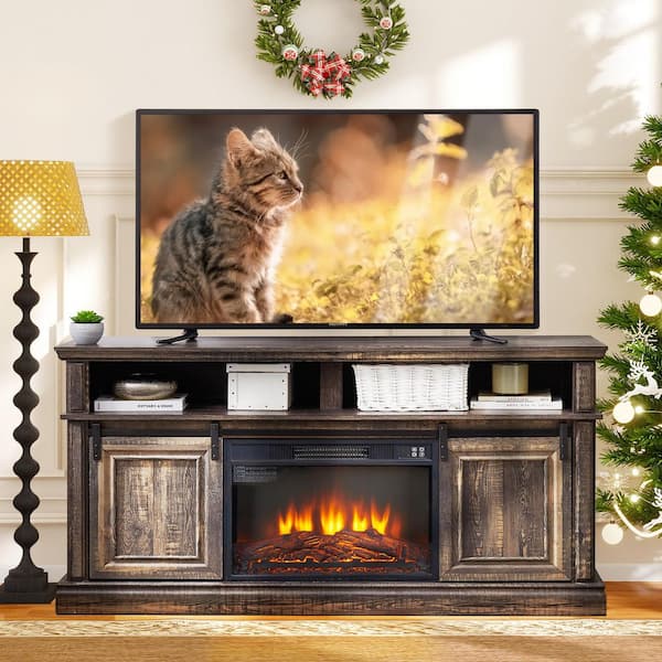 59 in. Freestanding Sliding Door TV Stand Large Storage Cabinet with 23 in. Fireplace, TV up to 65 in. Brown