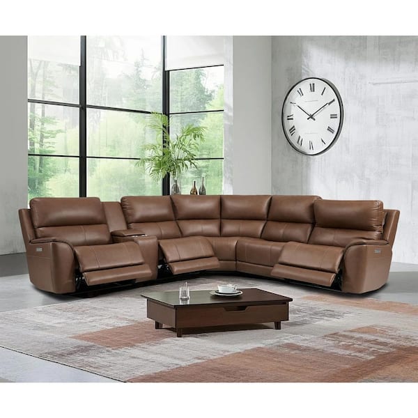 136 in. Double Width Genuine Leather Power Sectional Sofa w/ 1-Power Armlesschair & Console, USB ports in Light Brown