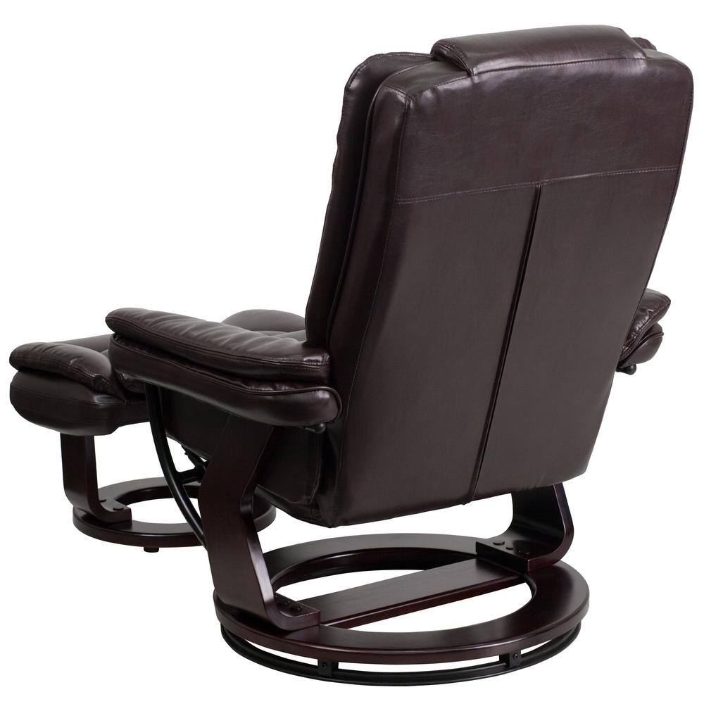 Brown Leather Swivel Recliner with Ottoman and Wood Base