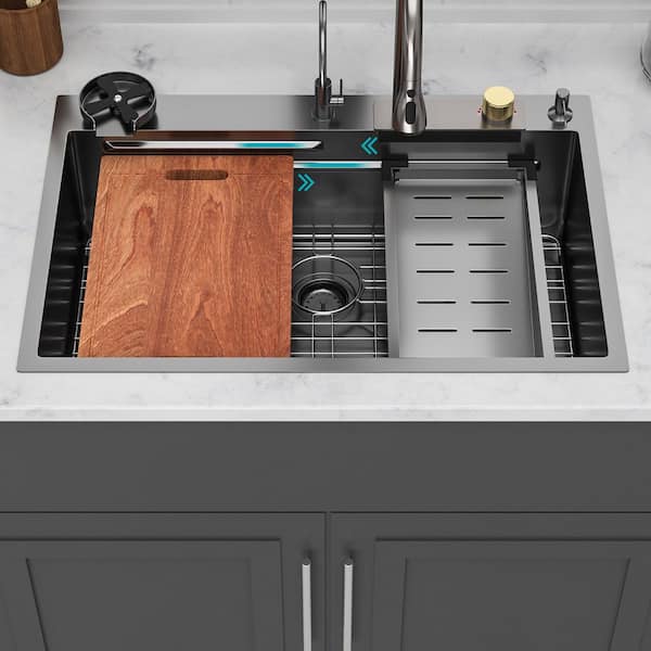 33 in. Drop-In Single Bowl 16 Gauge Gunmetal Black Stainless Steel Kitchen Sink with Pull-Out Faucet and Workstation