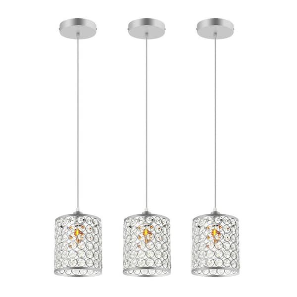 1-Light Silver Modern Crystal Pendant Light with Adjustable Height and Glass Shade, No Bulbs Included (3 PCS)