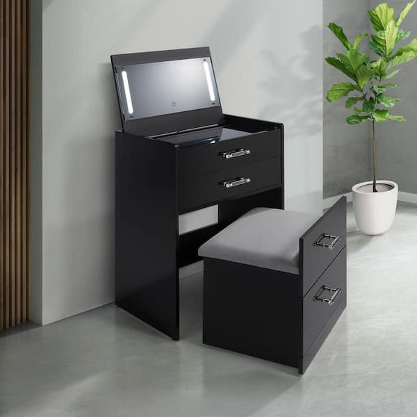 Aurora Glossy Black 3 24 in. Mini Dressing Table with Mirror, Stool, LED and USB