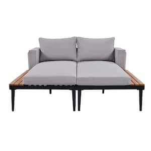 2 -Piece Metal Daybed with Wood Topped Side Spaces for Drinks, 2 in 1 Padded Outdoor Chaise Lounge with Gray Cushions