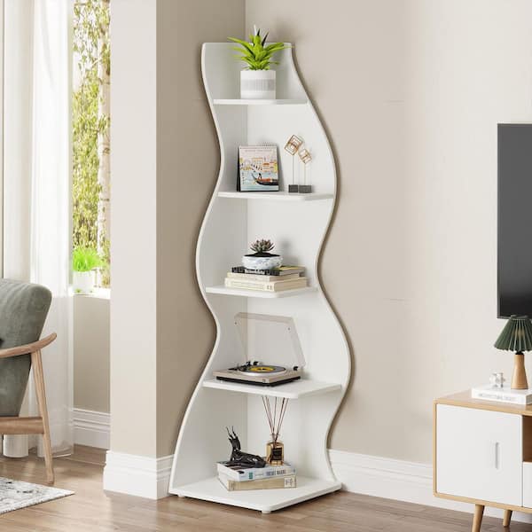 BYBLIGHT Eulas 69.8 in. Tall White Engineered Wood 5-Shelf Standard Bookcase Corner Shelf with Storage