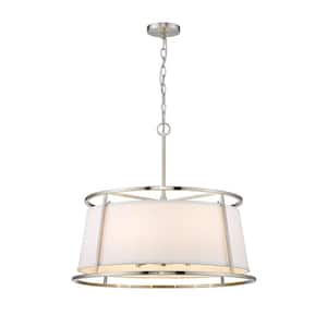 6-Light Brushed Nickel Pendant with White Fabric Shade