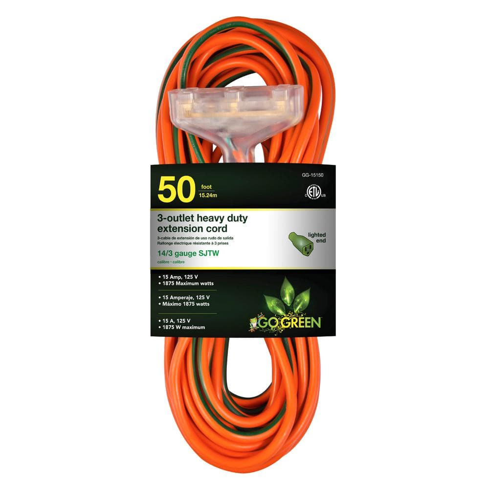 100 FEET 12/3 100ft 3-OUTLET Black Heavy LIGHTED END Tri-Source Extension Cord