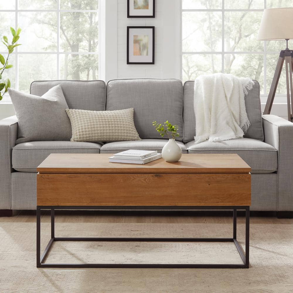 Contemporary 40 in. English Oak Rectangle Wood Lift-Top Coffee Table with Storage -  Walker Edison Furniture Company, HD10008
