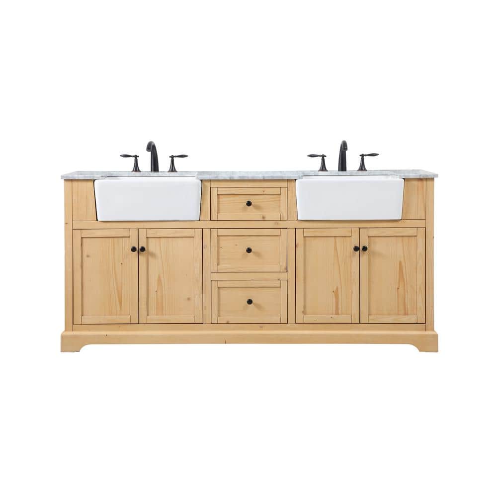 Natural Wood Double Bathroom Vanity with Carrara Marble Top