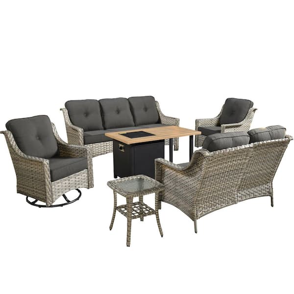 Eureka Grey 6-Piece Wicker Outdoor Patio Conversation Sofa Loveseat Set with a Storage Fire Pit and Black Cushions