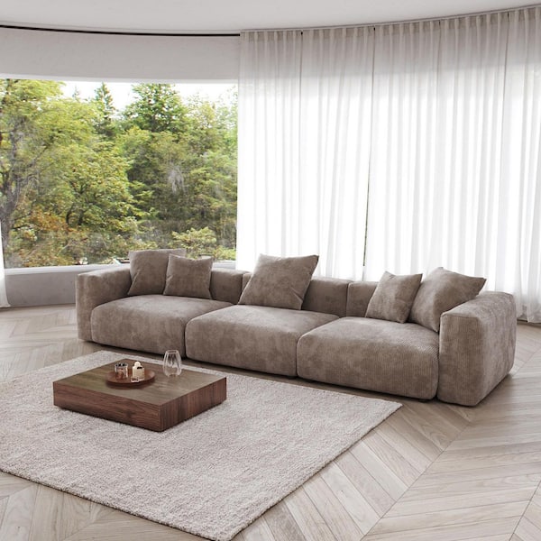 J&E Home 141 in Wide Square Arm Corduroy Modular Living Room Sofa with Ottoman in Brown,Oversized 31.5 in Deep Seats for Lounging