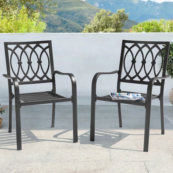Black Iron Stackable Outdoor Patio Chairs with Powder-Coated Finish (2-Pack)