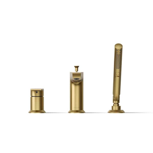 Hint Single-Handle Deck-Mount Roman Tub Faucet with Handshower in Vibrant Brushed Moderne Brass