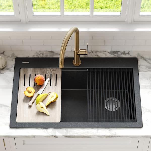 Bellucci 33" Drop-In Granite Single Bowl Kitchen Sink in Black with WasteGuard Continuous Feed Garbage Disposal