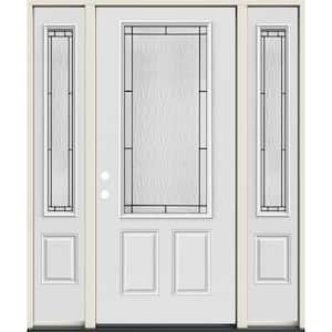 60 in. x 80 in. Right-Hand 3/4 Lite Wendover Decorative Glass Modern White Steel Prehung Front Door with Sidelites