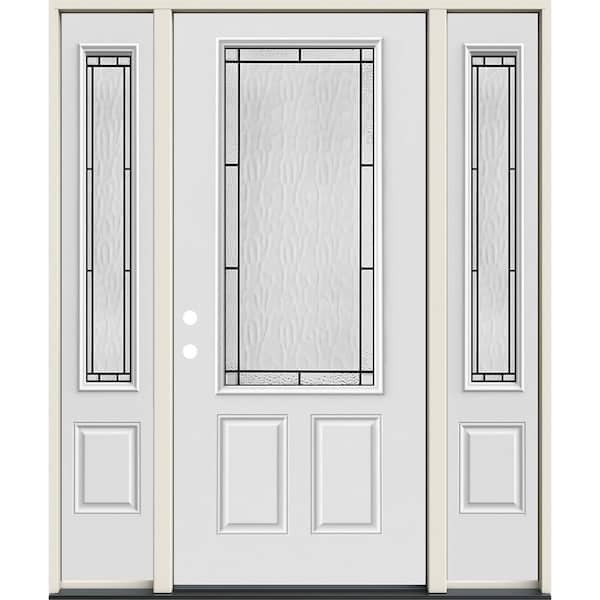 60 in. x 80 in. Right-Hand 3/4 Lite Wendover Decorative Glass Modern White Steel Prehung Front Door with Sidelites