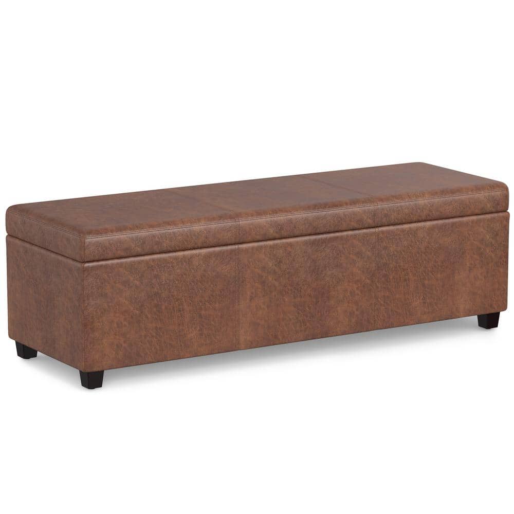 Distressed Saddle Brown Faux Leather Storage Ottoman Bench