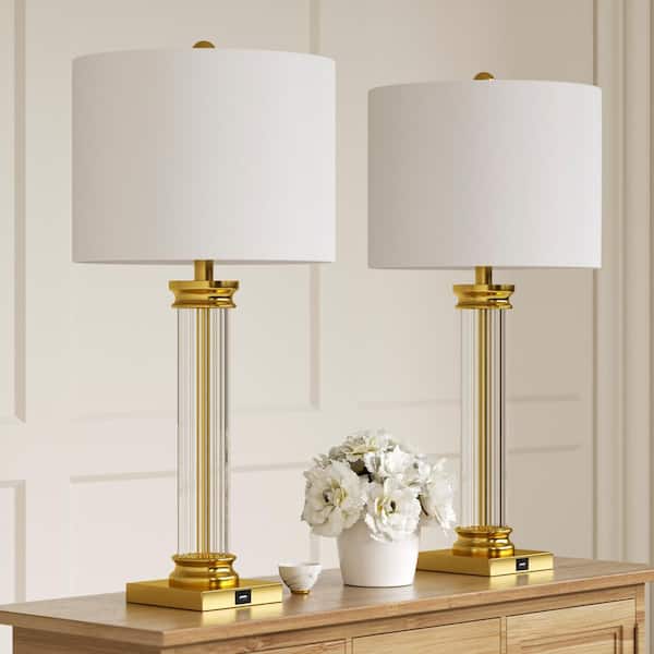 Maxax Concord 28 in. Clear Glass Brass Table Lamp with White Linen Lampshade USB Port (2-Pack)