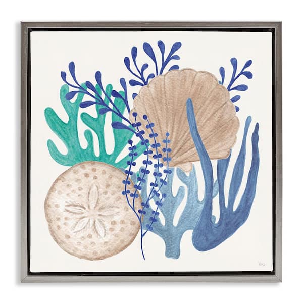 Stupell Industries Coastal Sea Life by Veronique Charron Gray Floater Frame Coastal Graphic Art Print 18 in. x 18 in.