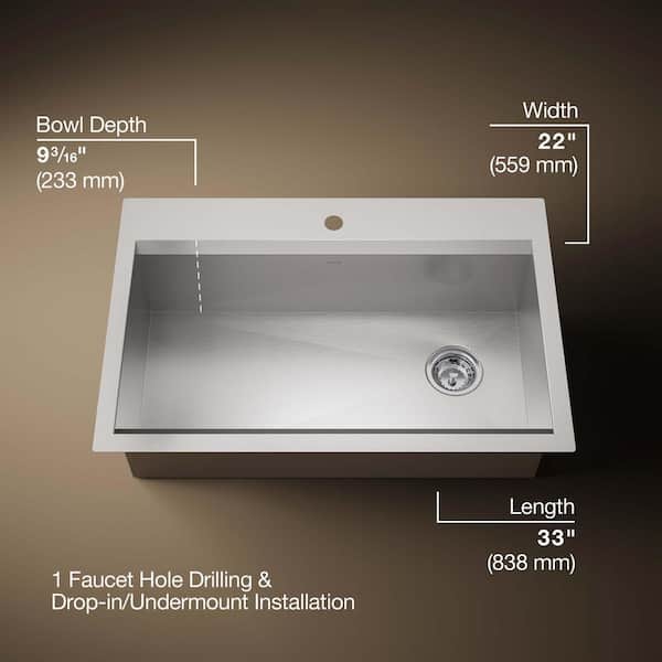 KOHLER Lassen 33 in. Drop-in Single Bowl Stainless Steel Kitchen