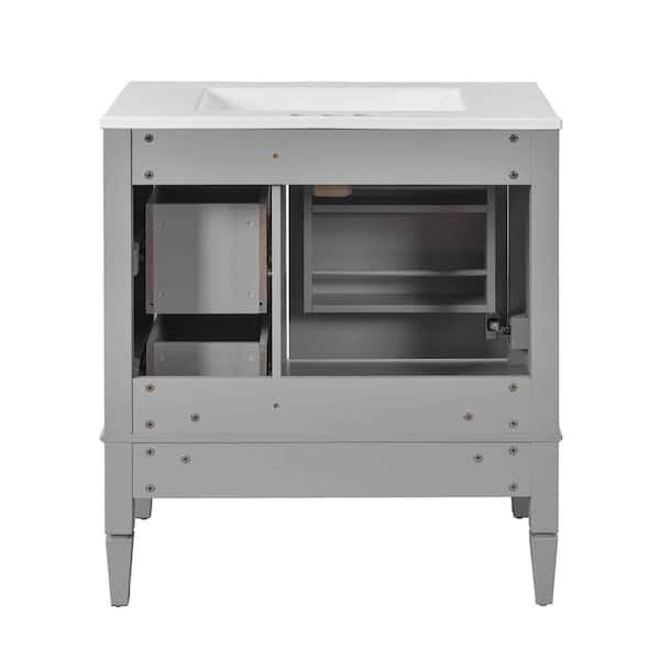 30 in. Freestanding Grey Bath Vanity with White Ceramic Top, 3-Drawers and Solid Wood Frame