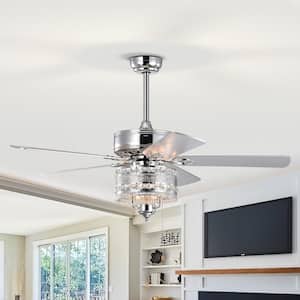 Modern 52 in. Indoor Chrome Ceiling Fan with Hand Pull Chain, 2-Color-Option Blades and Crystal Lampshade Included