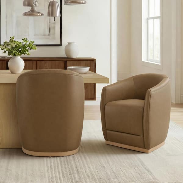 Hannah Mocha Birch Wood Frame Genuine Leather 360° Swivel Caster Modern Arm Dining Chair Set of 2 for Kitchen