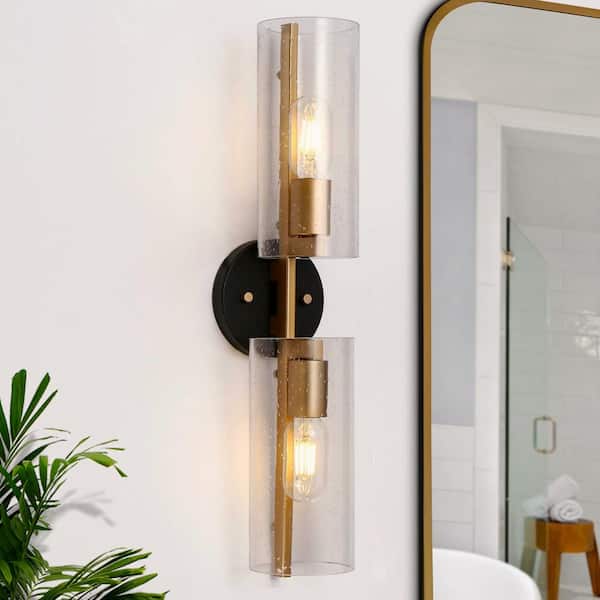 Uolfin Transitional Cylinder Bathroom Vanity Light 2-Light Modern Black and Plating Brass Wall Light with Seeded Glass Shades