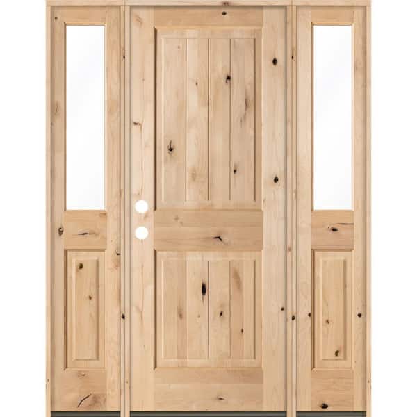 Krosswood Doors 58 in. x 80 in. Rustic Unfinished Knotty Alder Sq-Top VG Wood Right-Hand Half Sidelites Clear Glass Prehung Front Door
