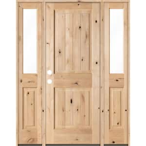 60 in. x 80 in. Rustic Unfinished Knotty Alder Sq-Top VG Wood Right-Hand Half Sidelites Clear Glass Prehung Front Door