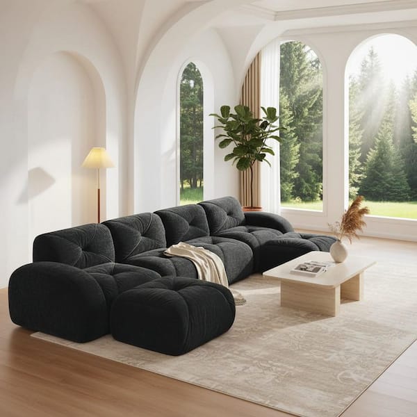 SAND 140.9 in. Oversize U-Shape Modular Velvet 4-Seat Sectional Sofa Set in. Charcoal Black, Comfort Design, No Assembly