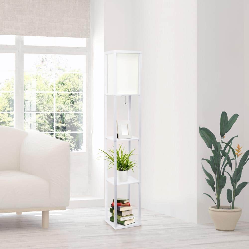 White Rectangular Shelf Floor Lamp with Linen Shade