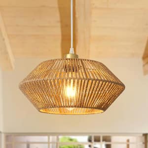 60-Watt 1-Light Spray Gold and Brown Dimmable Paper Rattan Lampshade Pendant Light, No Bulbs Included