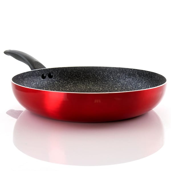 NuriChef Medium Fry Pan 10-Inch Kitchen Cookware, Black Coating Inside,  Heat Resistant Lacquer, Red 