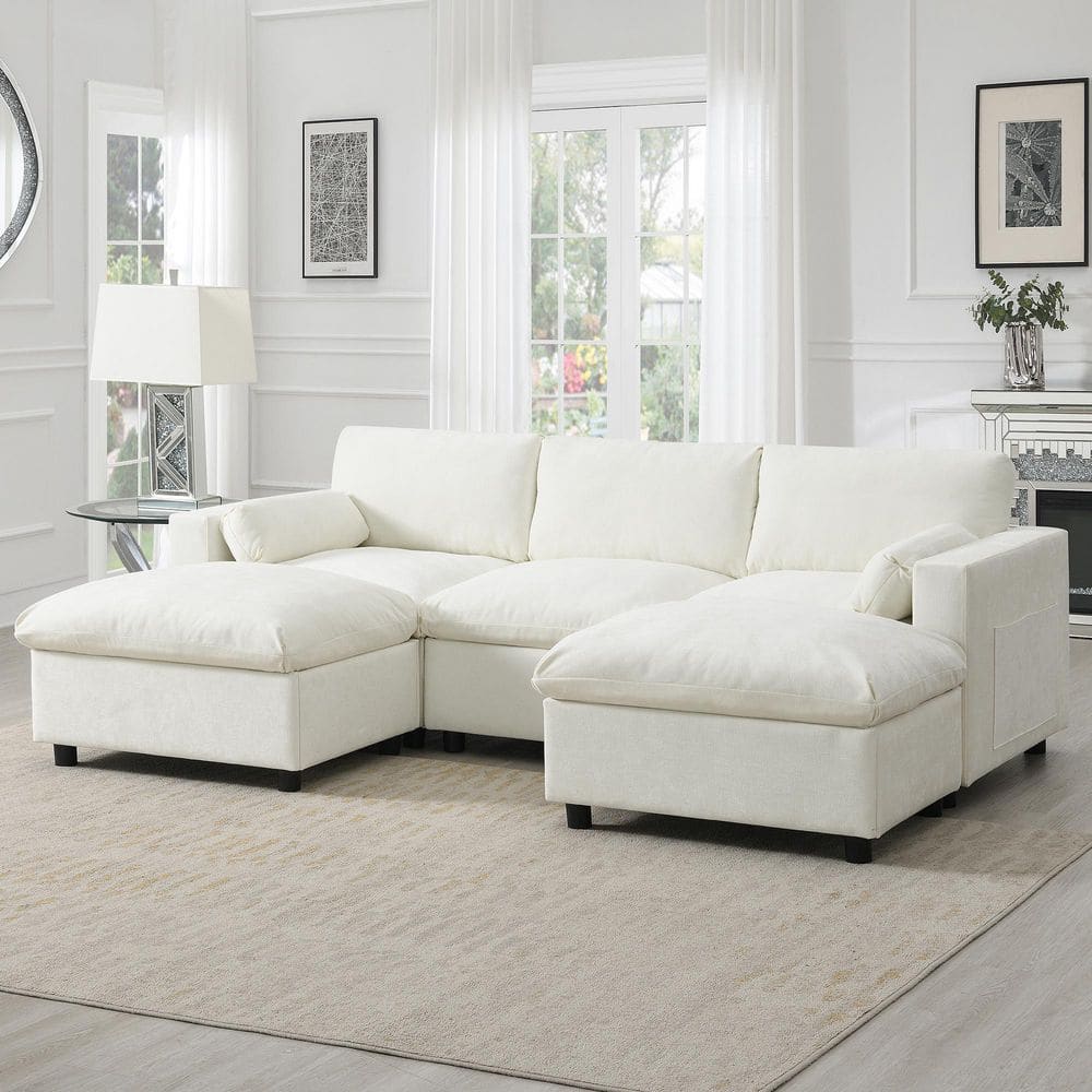 86.5 in. U-Shaped Chenille Sectional Sofa in White with Storage Pockets, 2 Movable Ottoman, Armrest Pillows