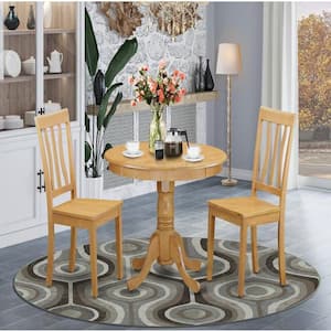 3-Piece Round Natural Oak Finish Solid Wood Top Dining Table with 2 Chairs with Lattice Back