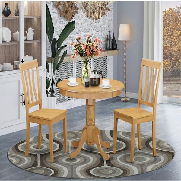 3-Piece Round Natural Oak Finish Solid Wood Top Dining Table with 2 Chairs with Lattice Back