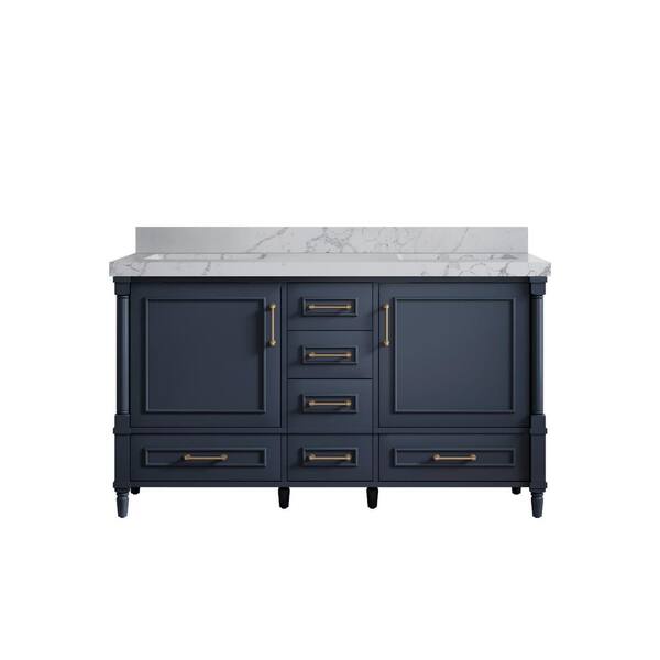 Willow Collections Hudson 60 in. W x 22 in. D x 36 in. H Double Sink Bath Vanity in Navy Blue with 2 in. Venatino Quartz Top