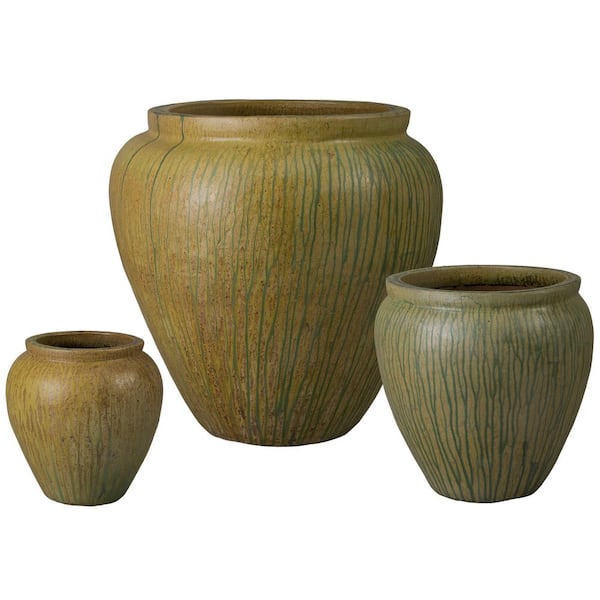 14 in., 20.5 in., 31 in. H Distressed Antique Ceramic Round Planters High-fire treatment with Drainage Hole (Set of 3)