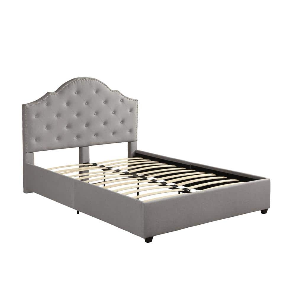 Contemporary Ash Gray Queen Platform Bed with Tufted Upholstery and Nailhead Trim