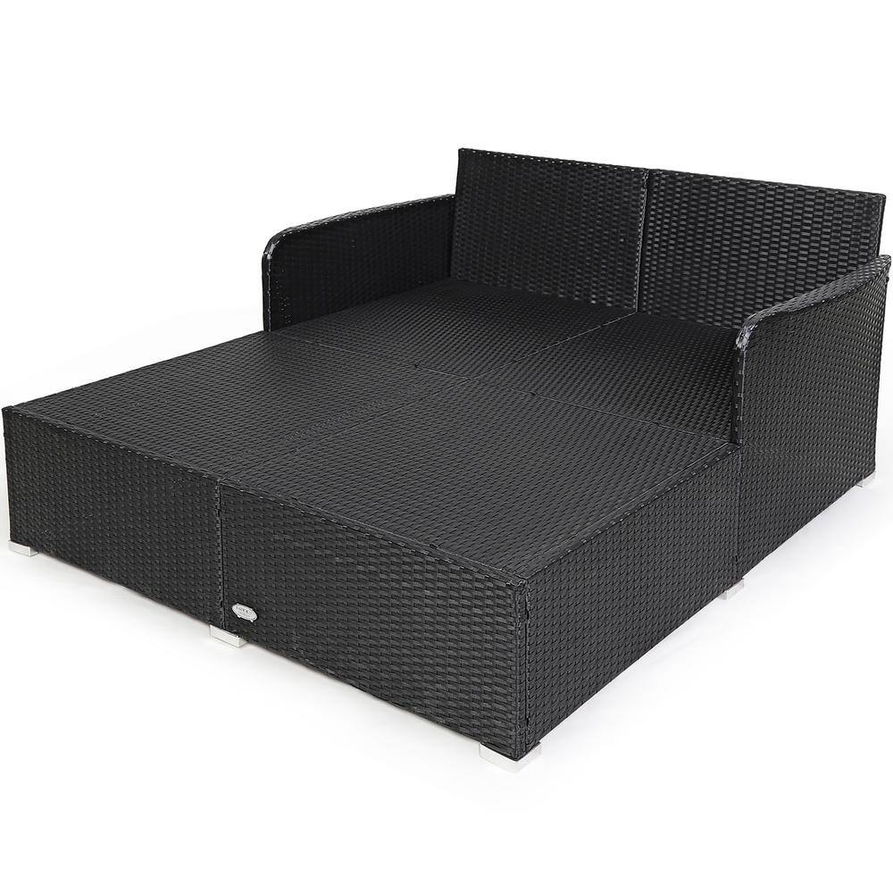 Outdoor Black Rattan Daybed with Red Cushions and Pillows